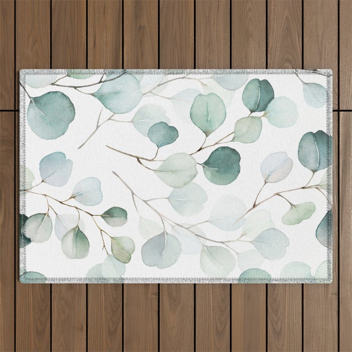 Watercolor Eucalyptus branches, botanical art, green blue leaves Outdoor Rug Gallery Image 1