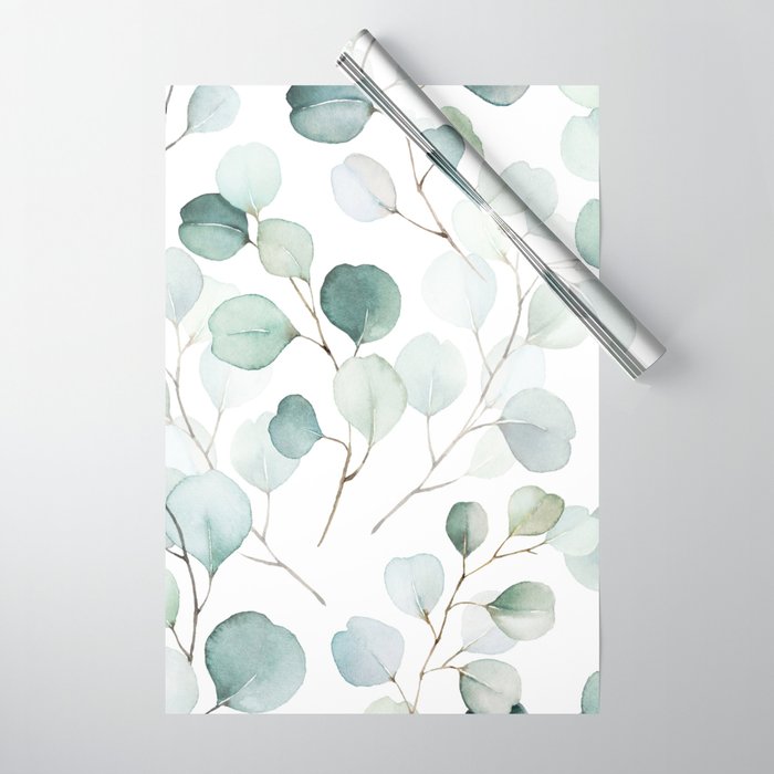 Watercolor Eucalyptus branches, botanical art, green blue leaves Wrapping Paper