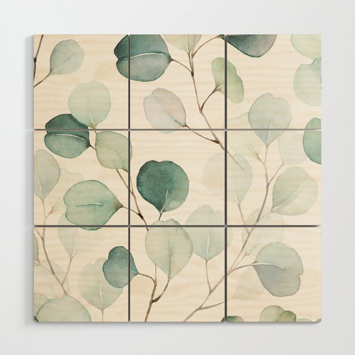 Watercolor Eucalyptus branches, botanical art, green blue leaves Wood Wall Art Gallery Image 1