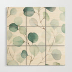 Watercolor Eucalyptus branches, botanical art, green blue leaves Wood Wall Art Gallery Image 1