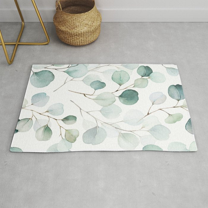 Watercolor Eucalyptus branches, botanical art, green blue leaves Rug Gallery Image 1