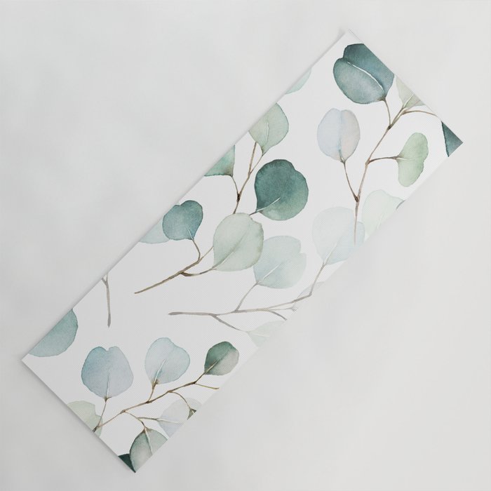 Watercolor Eucalyptus branches, botanical art, green blue leaves Yoga Mat Gallery Image 1