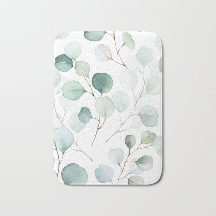 Watercolor Eucalyptus branches, botanical art, green blue leaves Bath Mat Gallery Image 1