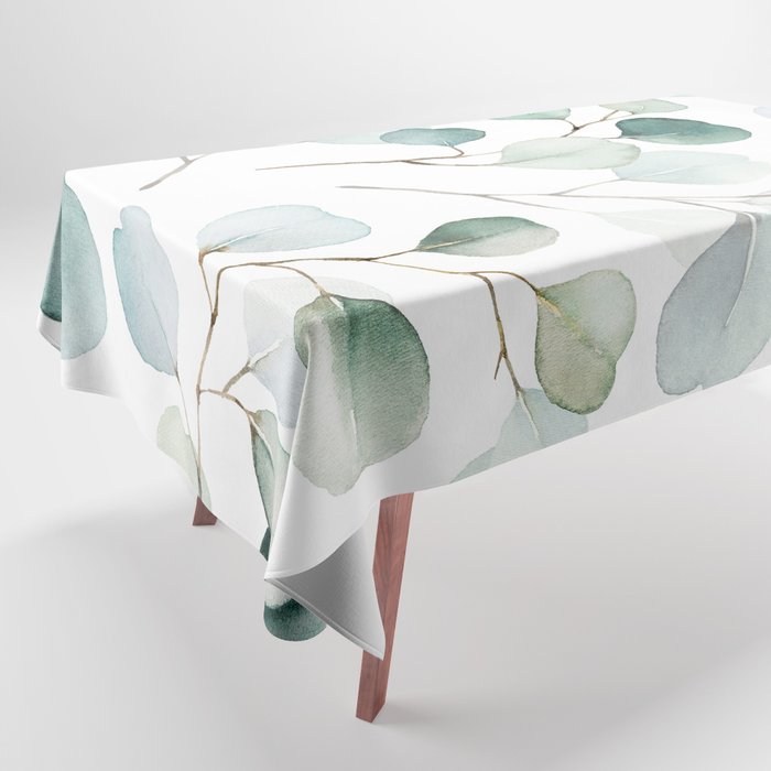 Watercolor Eucalyptus branches, botanical art, green blue leaves Tablecloth Gallery Image 1