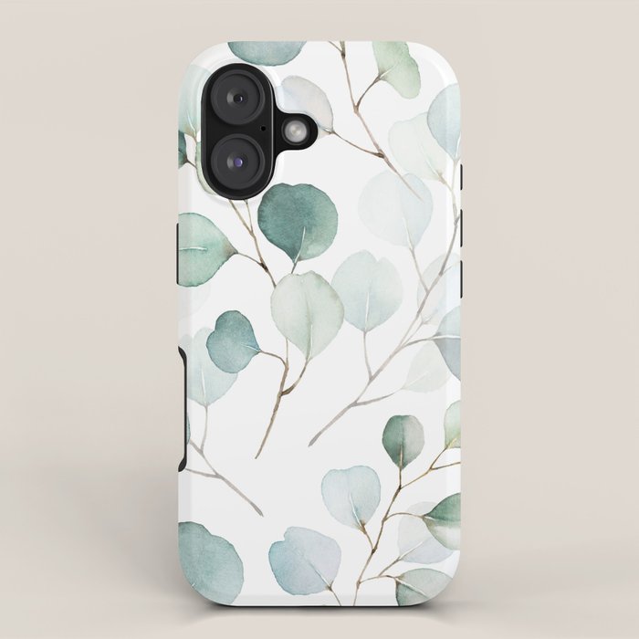 Watercolor Eucalyptus branches, botanical art, green blue leaves iPhone Case Gallery Image 1
