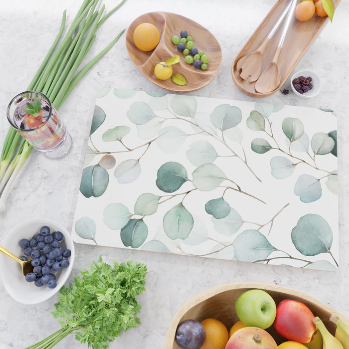 Watercolor Eucalyptus branches, botanical art, green blue leaves Cutting Board Gallery Image 2