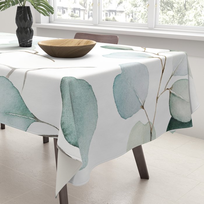 Watercolor Eucalyptus branches, botanical art, green blue leaves Tablecloth Gallery Image 3
