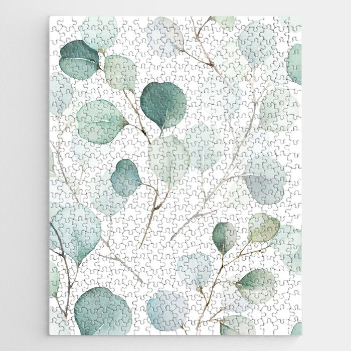 Watercolor Eucalyptus branches, botanical art, green blue leaves Jigsaw Puzzle Gallery Image 1