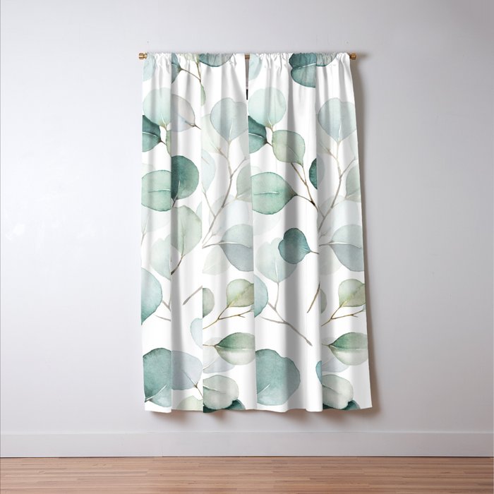 Watercolor Eucalyptus branches, botanical art, green blue leaves Window Curtain Gallery Image 3