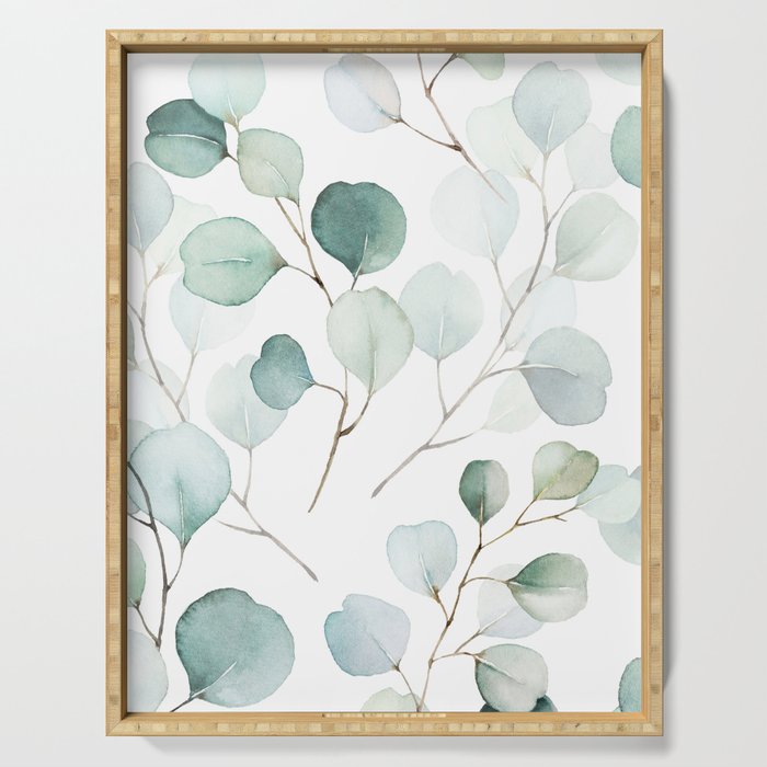 Watercolor Eucalyptus branches, botanical art, green blue leaves Serving Tray Gallery Image 1