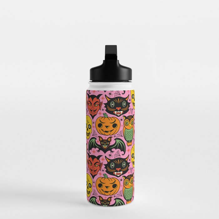 Retro Halloween in Pink - Skull Black Cat Devil Pumpkin Bat Owl Motifs Water Bottle Gallery Image 3