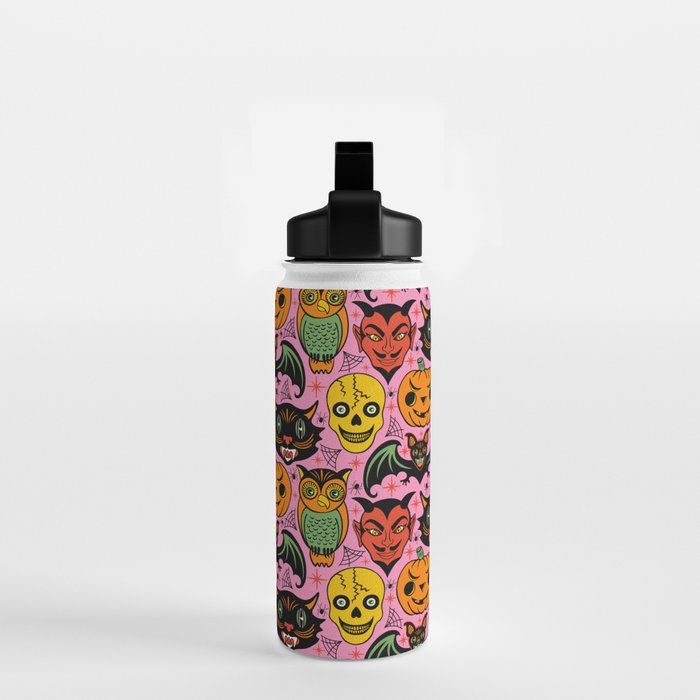 Retro Halloween in Pink - Skull Black Cat Devil Pumpkin Bat Owl Motifs Water Bottle Gallery Image 2