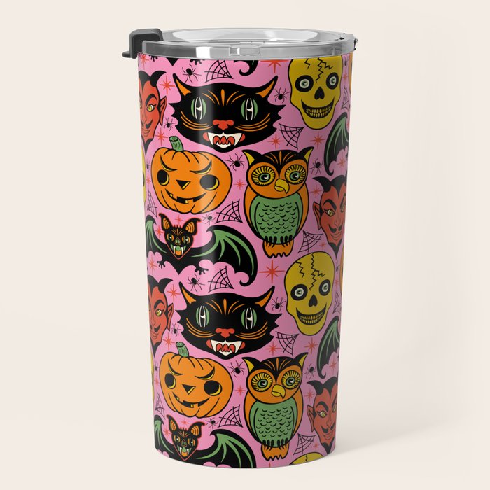 Retro Halloween in Pink - Skull Black Cat Devil Pumpkin Bat Owl Motifs Travel Mug Gallery Image 3