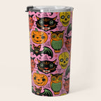 Retro Halloween in Pink - Skull Black Cat Devil Pumpkin Bat Owl Motifs Travel Mug Gallery Image 3