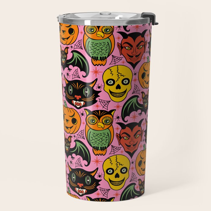 Retro Halloween in Pink - Skull Black Cat Devil Pumpkin Bat Owl Motifs Travel Mug Gallery Image 2