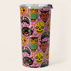 Retro Halloween in Pink - Skull Black Cat Devil Pumpkin Bat Owl Motifs Travel Mug Gallery Image 2