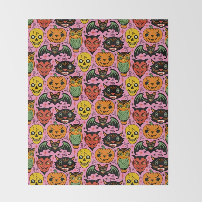 Retro Halloween in Pink - Skull Black Cat Devil Pumpkin Bat Owl Motifs Throw Blanket Gallery Image 2
