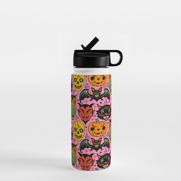 Retro Halloween in Pink - Skull Black Cat Devil Pumpkin Bat Owl Motifs Water Bottle Gallery Image 1