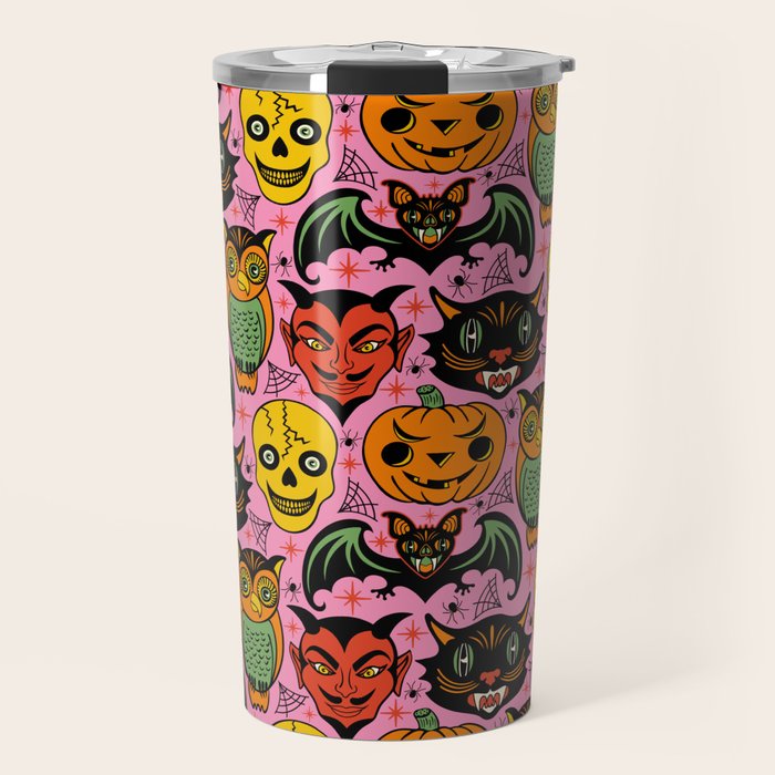 Retro Halloween in Pink - Skull Black Cat Devil Pumpkin Bat Owl Motifs Travel Mug Gallery Image 1