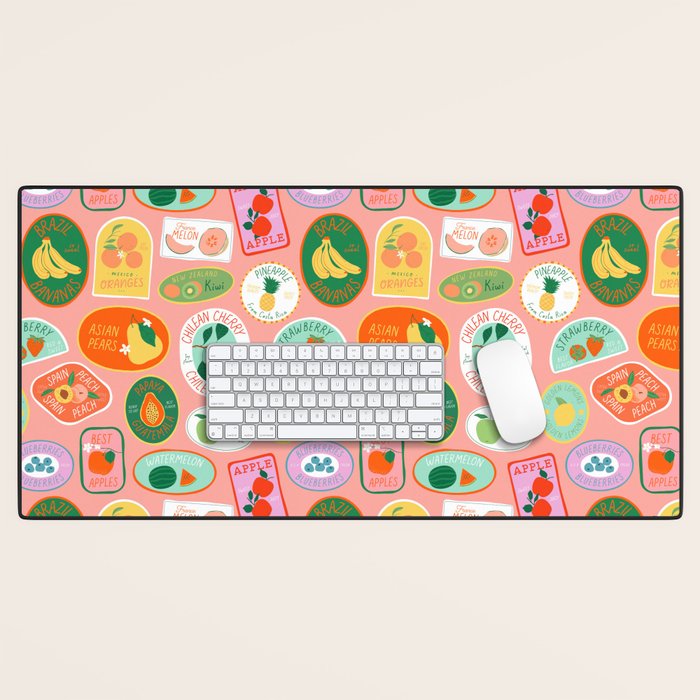 Vintage fruit sticker label cartoon pattern Desk Mat Gallery Image 1