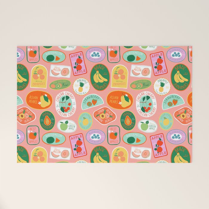 Vintage fruit sticker label cartoon pattern Welcome Mat Gallery Image 1