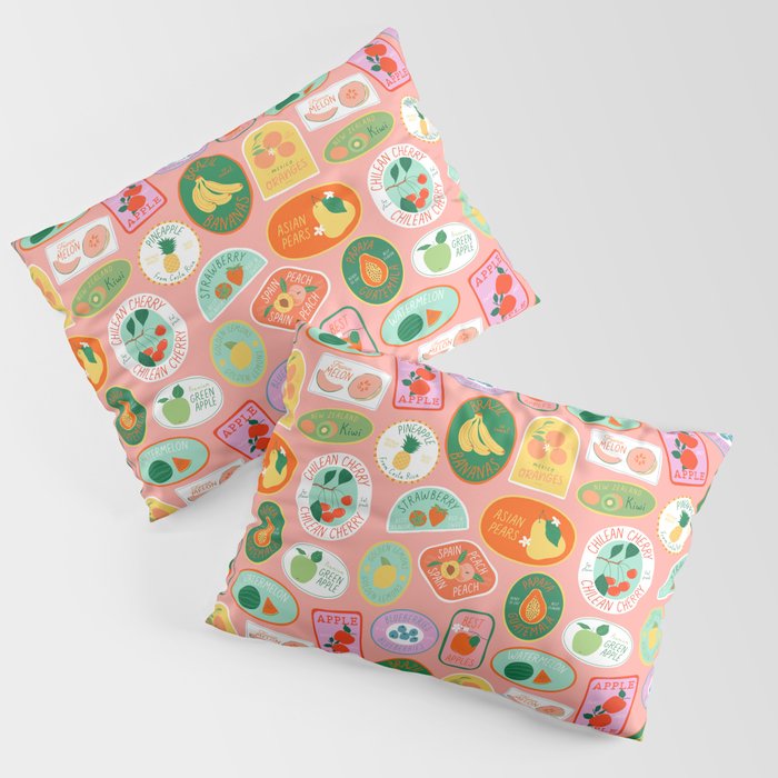Vintage fruit sticker label cartoon pattern Pillow Sham Gallery Image 1