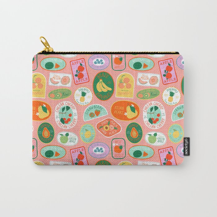 Vintage fruit sticker label cartoon pattern Carry All Pouch Gallery Image 1