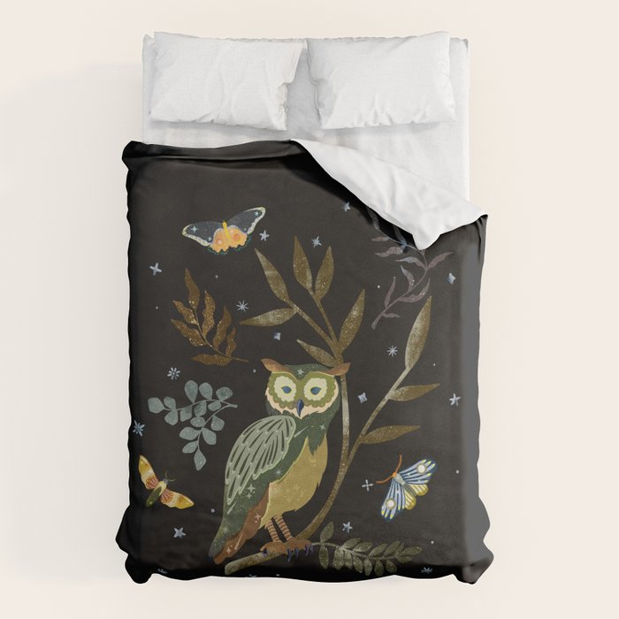 Moonlit Owl and Fluttering Moths Duvet Cover Gallery Image 1