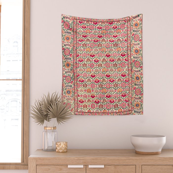 Vintage India Embroidered Textile, 17th Century Wall Tapestry Gallery Image 2