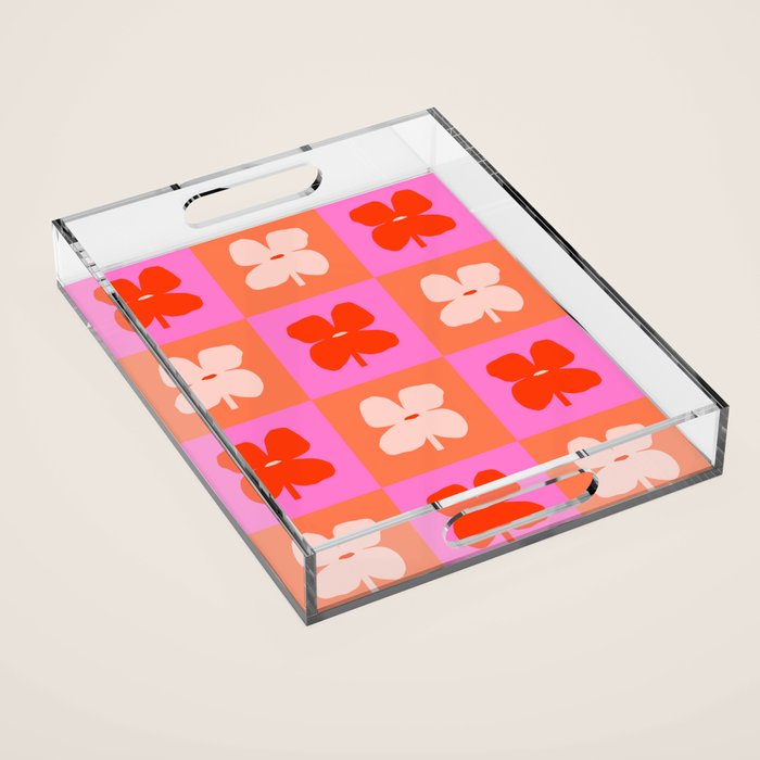 Retro Tropical Checkered Floral Pattern Acrylic Tray Gallery Image 1