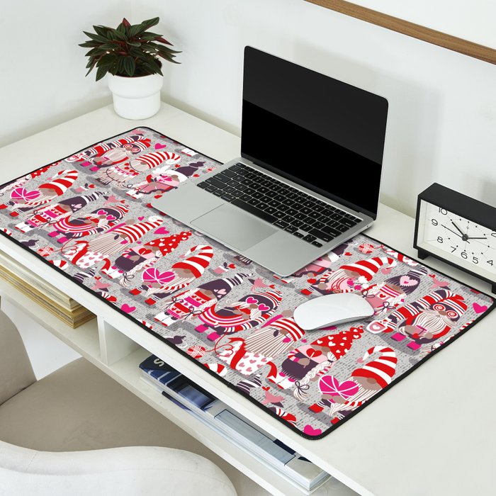 I gnome you more // grey background red and pink Valentine's Day gnomes and motifs Desk Mat Gallery Image 2