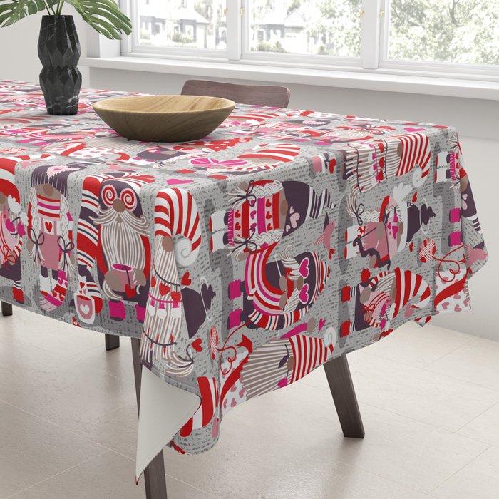 I gnome you more // grey background red and pink Valentine's Day gnomes and motifs Tablecloth Gallery Image 3