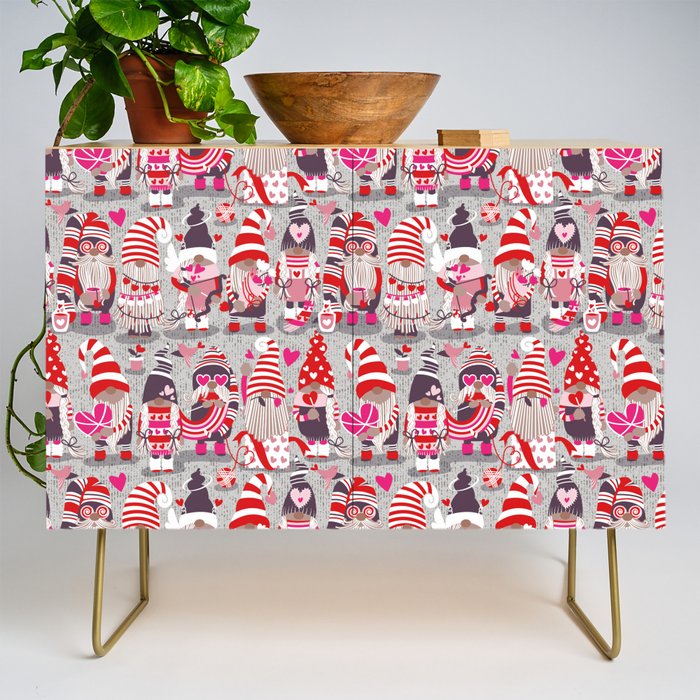 I gnome you more // grey background red and pink Valentine's Day gnomes and motifs Credenza Gallery Image 1