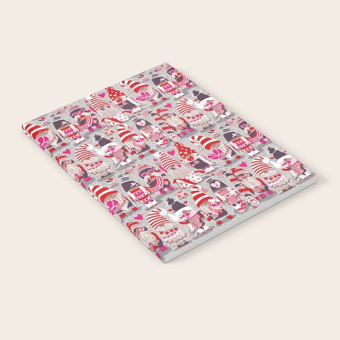 I gnome you more // grey background red and pink Valentine's Day gnomes and motifs Notebook Gallery Image 1