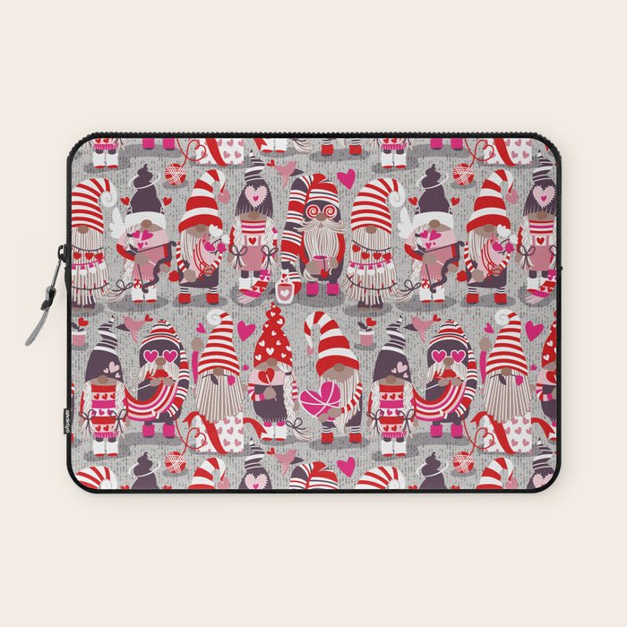 I gnome you more // grey background red and pink Valentine's Day gnomes and motifs Laptop Sleeve Gallery Image 1