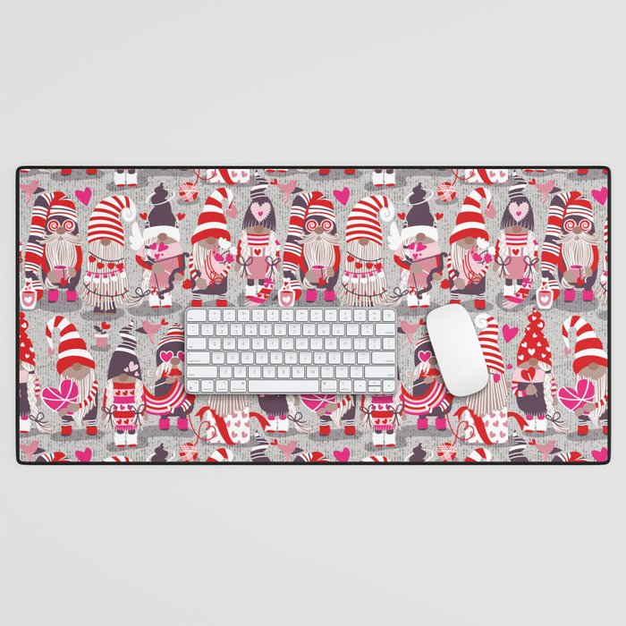 I gnome you more // grey background red and pink Valentine's Day gnomes and motifs Desk Mat Gallery Image 1