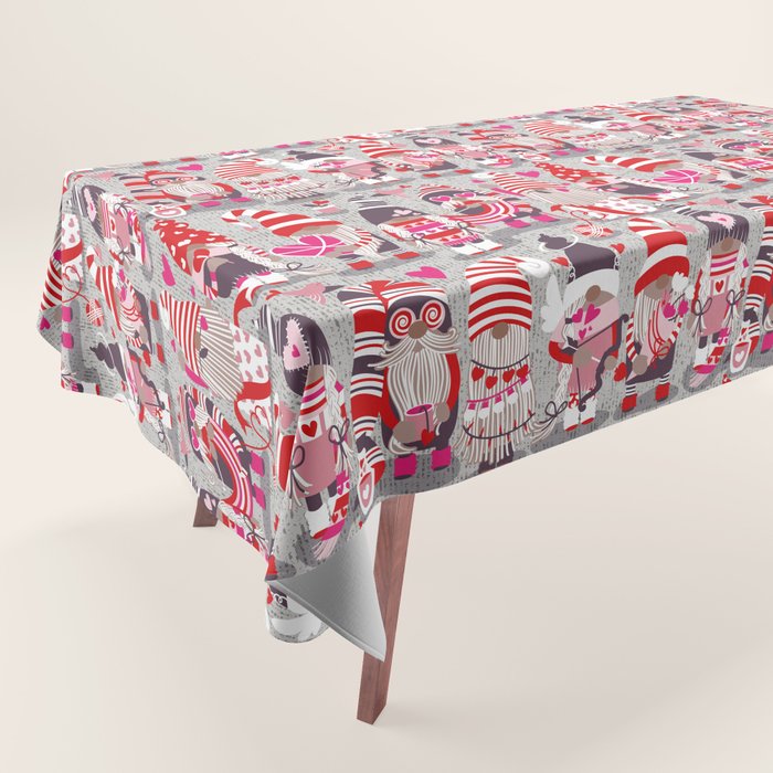 I gnome you more // grey background red and pink Valentine's Day gnomes and motifs Tablecloth Gallery Image 1