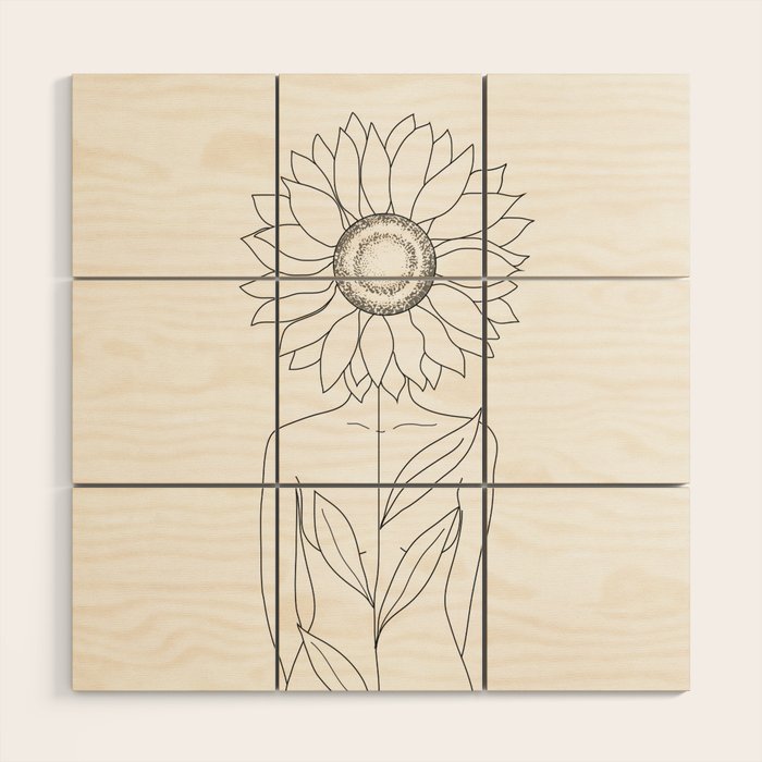 Minimalistic Line Art of Woman with Sunflower Wood Wall Art Gallery Image 1
