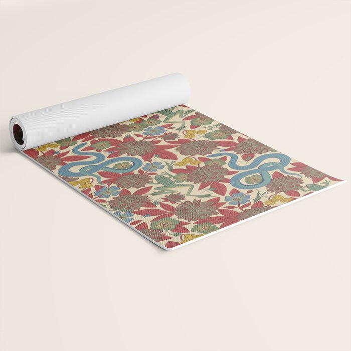 Large-Scale Dahlias, Frogs, Snakes, Praying Mantis in Red and Blue Yoga Mat Gallery Image 2