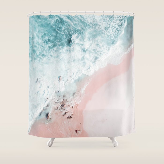 Aerial Ocean Print - Aerial Beach - Pastel Pink Sand - Sea -Travel photography by Ingrid Beddoes Shower Curtain Gallery Image 1