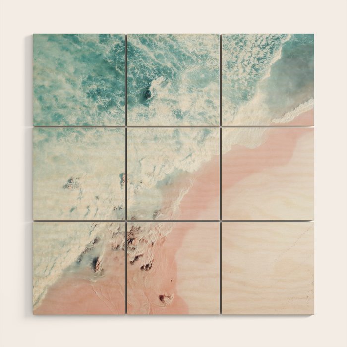 Aerial Ocean Print - Aerial Beach - Pastel Pink Sand - Sea -Travel photography by Ingrid Beddoes Wood Wall Art Gallery Image 1
