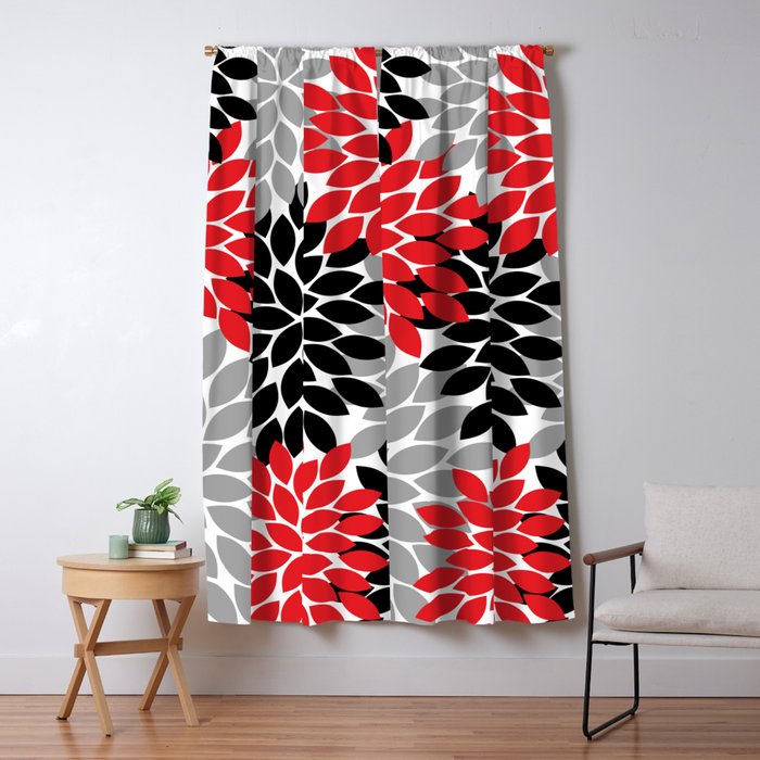 Red Black Gray Flower Pattern, Dahlia Flower Petals, Red Black Floral Pattern Window Curtain Gallery Image 5