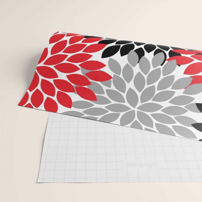 Red Black Gray Flower Pattern, Dahlia Flower Petals, Red Black Floral Pattern Wrapping Paper Gallery Image 2