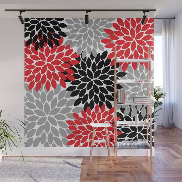 Red Black Gray Flower Pattern, Dahlia Flower Petals, Red Black Floral Pattern Wall Mural Gallery Image 1