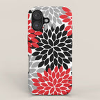 Red Black Gray Flower Pattern, Dahlia Flower Petals, Red Black Floral Pattern iPhone Case Gallery Image 1