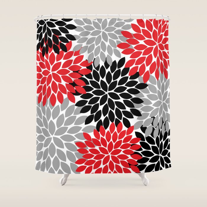 Red Black Gray Flower Pattern, Dahlia Flower Petals, Red Black Floral Pattern Shower Curtain Gallery Image 1