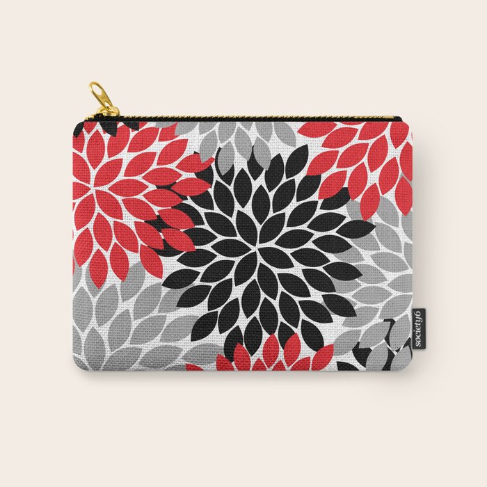 Red Black Gray Flower Pattern, Dahlia Flower Petals, Red Black Floral Pattern Carry All Pouch Gallery Image 1