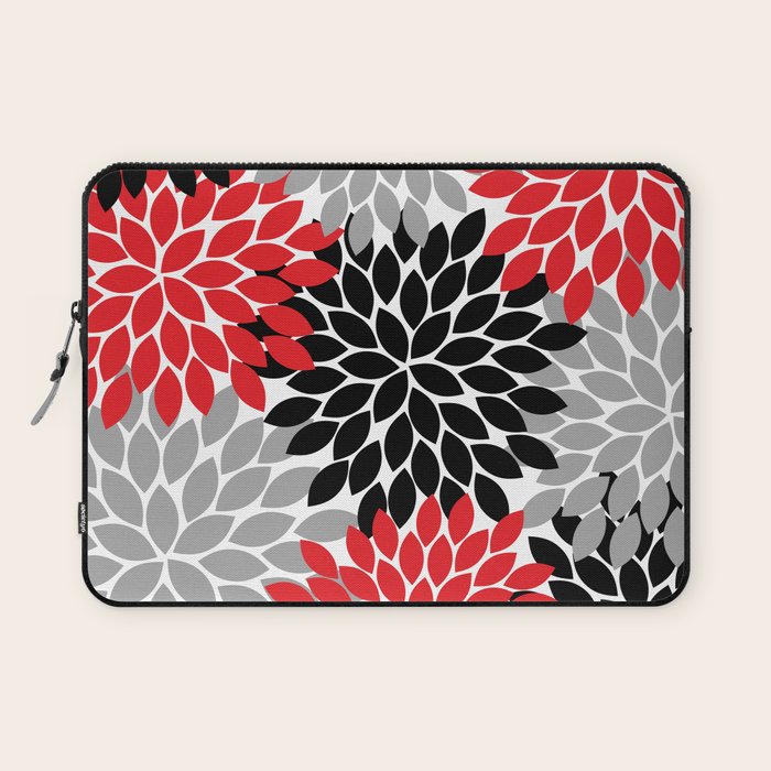 Red Black Gray Flower Pattern, Dahlia Flower Petals, Red Black Floral Pattern Laptop Sleeve Gallery Image 1