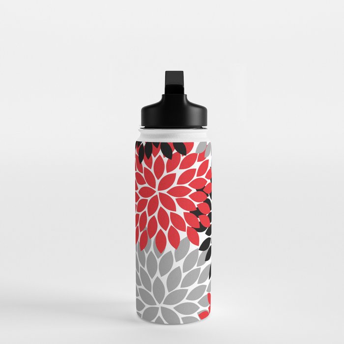 Red Black Gray Flower Pattern, Dahlia Flower Petals, Red Black Floral Pattern Water Bottle Gallery Image 3