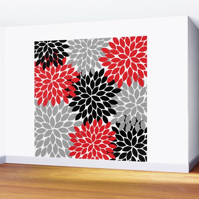 Red Black Gray Flower Pattern, Dahlia Flower Petals, Red Black Floral Pattern Wall Mural Gallery Image 2